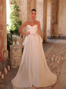 Glamrae Elegant And Gorgeous White Luxurious Satin Lotus Leaf Decoration V-Tie Chest Cup High Waist Slimming Super Large Skirt Suitable For Wedding Festival Bride Formal Occasion Wedding Dress - White - View 5