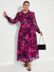 Aveloria Modichic Plus Size Elegante Vakantie Stijl Bloemenprint Lange Mouw Revers Kraag Paars Rode Chiffon Jurk Met Riem