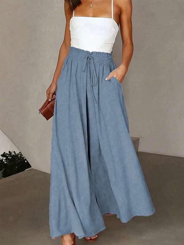SHEIN Clasi Women's Solid-Color High Waist Tie-Waist Pocked Loose Wide Leg Casual Pants