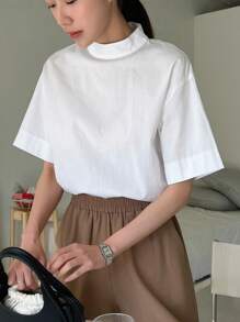 DAZY Blusa Sólida De Cuello Alto Simulado Y Hombro Caído - Blanco - Ver 5