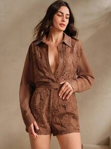 Anewsta 优雅精致的水钻刺绣镂空两件套春季 - 棕色 - 查看 7