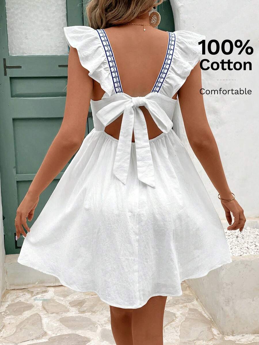 SHEIN Frenchy Robe d'été en coton et lin blanc avec nœud dans le dos, imprimé rétro bleu, col carré, robe à manches volantées style vintage. Robe d'été vintage à col carré imprimée, simple et confortable à porter, absorbante, convient pour les vacances quotidiennes