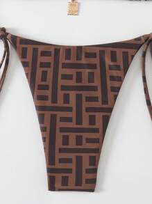 Swim Vcay Set de bikini de 2 piezas para mujer con estampado aleatorio, tirantes de espagueti y decoración metálica en estilo vintage para primavera y verano - Café integral - Ver 7