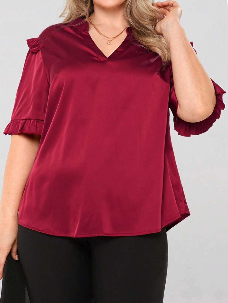 EMERY ROSE Plus Size Simple  Angora Red  Notched Neck With Ruffle Sleeves Elegant Blouse  Summer Outfits  Spring Outfits For Women Wedding Guest Dress Women Mature Elegant Woman - Burgundy - View 4