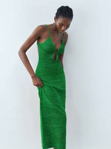 Maija 春夏新款绿色圆形金属纽扣节日优雅现代女式毛衣裙适合外出度假、节日、日常休闲、沙滩婚礼、情人节派对穿着老款90年代女装波西米亚风 - 綠色 - 查看 4