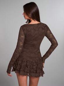 SHEIN BAE 女士酒红色纯色优雅花卉蕾丝长袖荷叶边下摆迷你连衣裙，适合约会之夜、夜总会、生日派对、情人节、鸡尾酒会 - 咖啡棕 - 查看 2