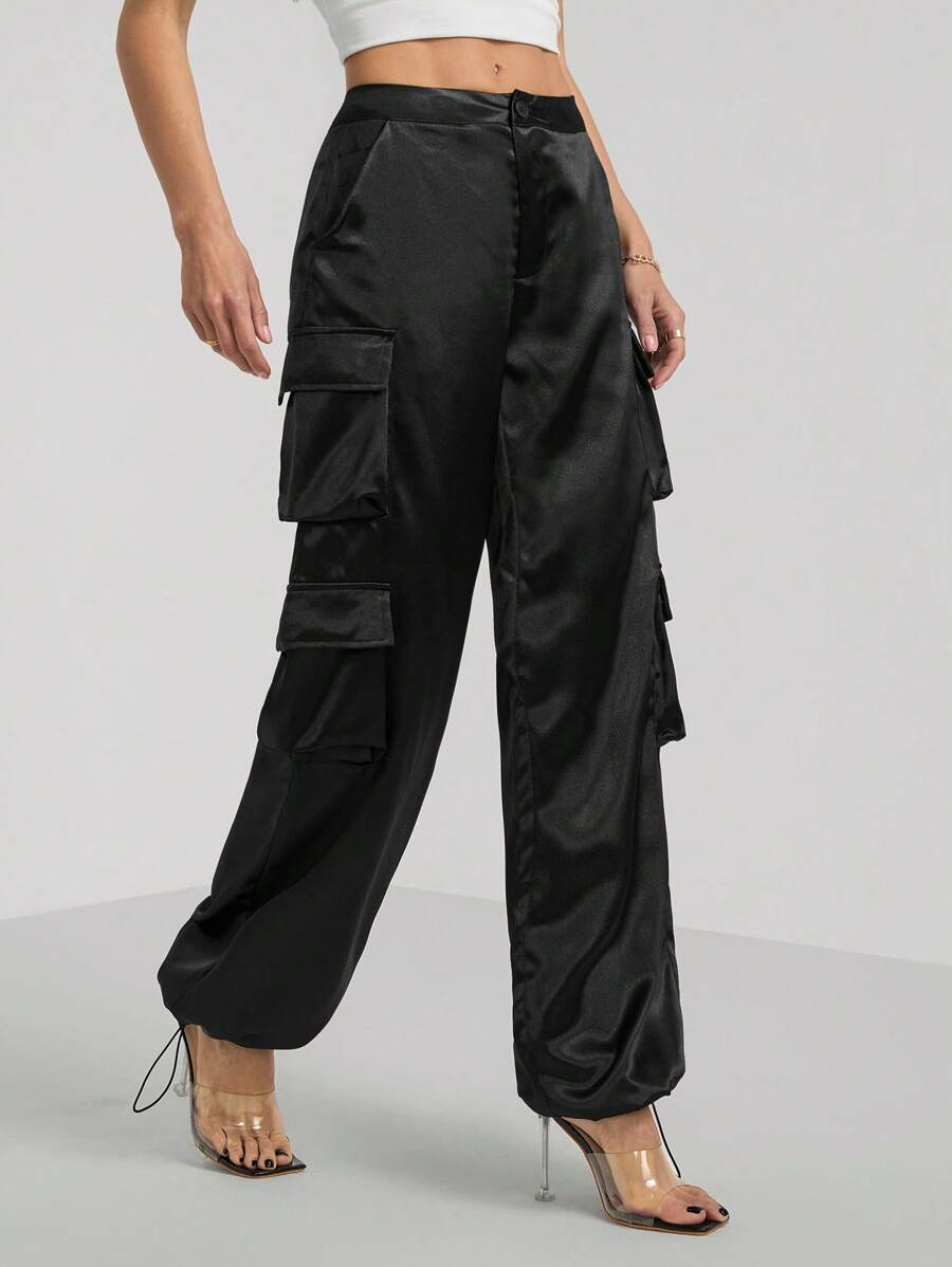 SHEIN Tall 街头服饰 春节服装 缎面工作裤 女式长裤 带 3D 口袋 - 黑色 - 查看 1