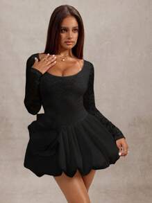 SHEIN BAE Elegant Floral 3D Lace Square Collar Long Sleeve Bodycon Flared Dress, Suitable For Spring/Summer, Ideal For Valentine's Day, Party, Romantic Date, Bridesmaid, Wedding, Birthday, Casual Wear, White - Black - View 4