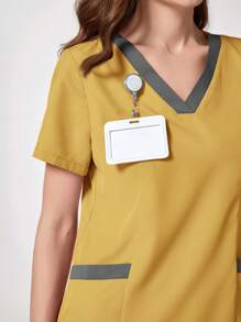 TaskEZ 2pcs Women's Contrast V-Neck Short Sleeve Pocket Top And Pants Scrub Uniform Set - Yellow - View 6