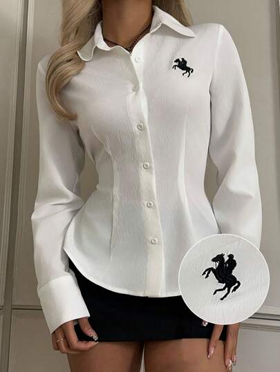 CovetEZ Women's Summer Going Out New Embroidered Decor White Slim Fit Long Sleeve Blouse,For Everyday Wear