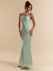 SHEIN BAE 春夏绿色性感细肩带露背长款缎面花卉装饰美人鱼连衣裙、伴娘服、缎面连衣裙、性感连衣裙 - 綠色 - 查看 4