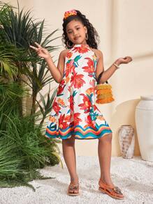 SHEIN Vestido informal hasta la rodilla de línea A, de tejido, sin mangas, con cuello de pie, hombros abiertos, estampado floral tropical colorido, para niña preadolescente, conjunto familiar a juego