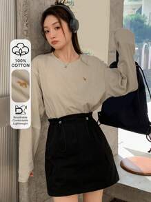 DAZY Áo thun hở vai họa tiết hoạt hình, Quần áo nữ mùa thu - Màu be - Xem 8