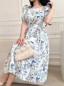 DAZY Women Square Neck Floral Print Mid-Calf Dress With Sash Tie Waist,Back To School Clothes,Teacher Outfits Vacation Outfits Women - Baby Blue - View 6