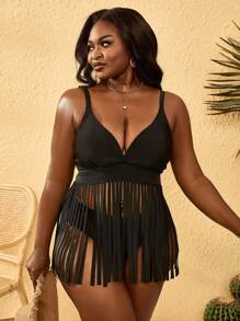 SHEIN Slayr CURVE Plus Size Fringe Halter Tankini Top - Black - View 3