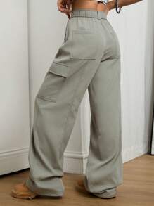 SHEIN EZwear 女式春夏 Y2K 时尚街头装工装绿色带口袋宽腿宽松降落伞裤 - 薄荷綠 - 查看 2