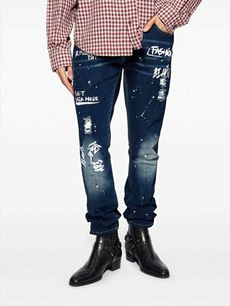 Street Life Herren Lässig gewaschene Jeans mit Buchstabenprint und Destroyed-Effekt