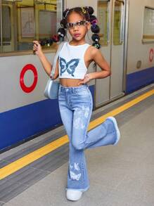 SHEIN Tween Girls Spring Summer Summer Beach Boho Vacation Light Blue Butterfly Print High Stretch Soft Flared Pants Jeans,Tween Girl Summer Concert Rave Festival Streetwear Outfits