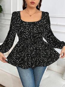 SHEIN Frenchy Plus Size Women's Ditsy Floral Apricot Color Blouse With Criss-Cross Back Design, Waisted A-Line Hem, Casual & Fashionable - Black - View 2