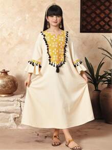 SHEIN Tween Girls' Loose Casual Retro Print Patchwork Fringed Trim Long Dress