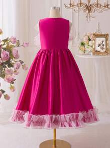 SHEIN Leap Crew Tween Girl Elegant Round Neck Sleeveless Ruffle Waist A-Line Midi Dress - Pink - View 8