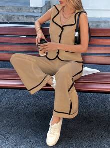 Chiquease 2 件套奢华简约撞色针织背心和裤子套装，办公室穿着