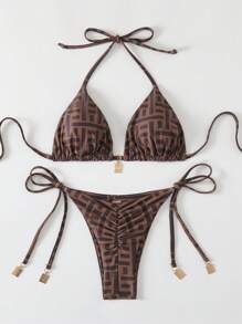 Swim Vcay Set de bikini de 2 piezas para mujer con estampado aleatorio, tirantes de espagueti y decoración metálica en estilo vintage para primavera y verano - Café integral - Ver 1