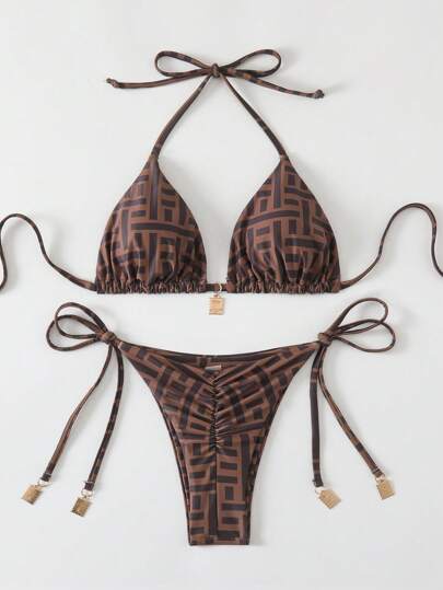 Swim Vcay Springbreak 2pcs Women Summer Random Print Spaghetti Strap Metal Decor Vintage-Style Bikini Swimwear Set