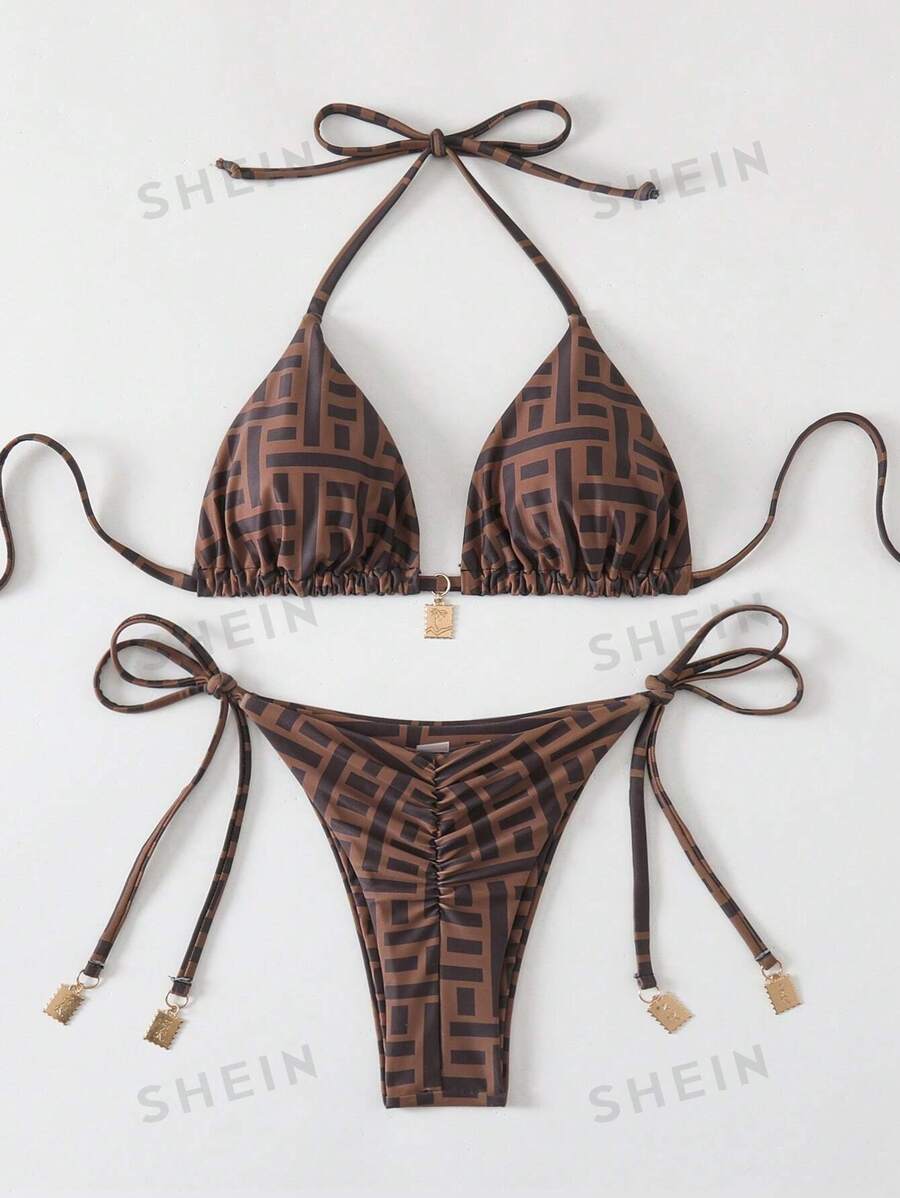 Swim Vcay Set de bikini de 2 piezas para mujer con estampado aleatorio, tirantes de espagueti y decoración metálica en estilo vintage para primavera y verano - Café integral - Ver 1