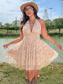 Flirla Plus Size Women Apricot V-Neck Glitter Sheer Mesh Party Dress, Festival/Boho/Hippie/Cowgirl/Old Money Style, Summer Evening Gown