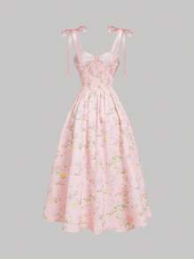 SHEIN MOD Vestido largo de verano para mujer con estampado floral romántico, con tirantes y cintura anudada. Vestido de estilo Bridgerton, vestido floral - Rosa Pálido - Ver 2