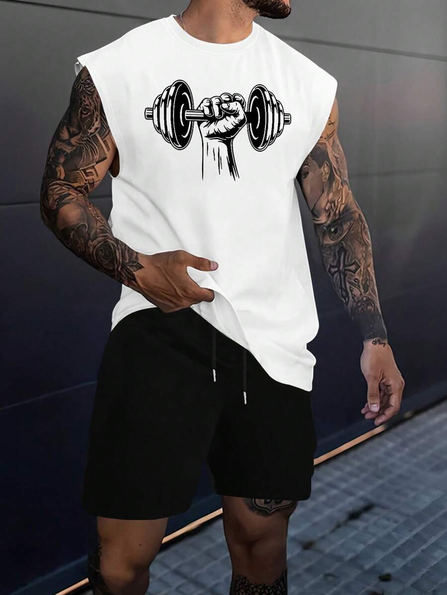 Manfinity Dauomo 男士夏季休闲哑铃印花背心和短裤套装