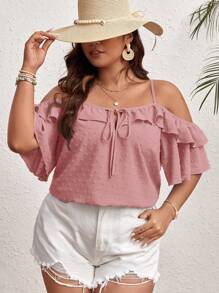 SHEIN VCAY Áo cánh rộng rãi màu trơn viền bèo nhún buộc bèo nhún phía trước cho nữ cỡ lớn - Màu Hồng  San hô - Xem 6