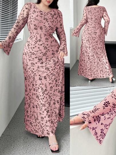 Flirla Plus Size Floral Print Flare Sleeve Dress, For Valentine's Day With Romantic Elements Like Rose, Heart, Polka Dot, Love, Lips, Cupid, 3D Flower Maxi Women Outfit Fall Cloth For Women