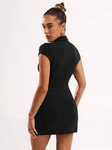 SHEIN BAE 女士秋季服装纯色立领侧褶修身短袖单排扣休闲女式上衣纽扣领女式针织连衣裙办公室服装，春装 - 黑色 - 查看 2