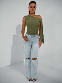 SHEIN BAE 优雅女士不对称颈部结带上衣，适合休闲约会、郊游、夜总会、派对、俱乐部、万圣节、秋季