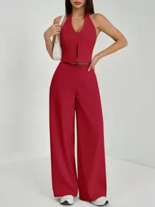 PETITE Conjunto de blusa sin mangas de escote en V y pantalón de pierna ancha para oficina en primavera/verano, diseño estilizante y alargador para usar en la calle - Negro - Ver 10