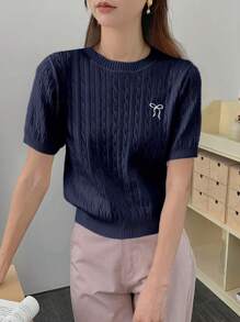 DAZY Women Casual Bow Embroidery Short Sleeve Knit Top - Blue - View 3