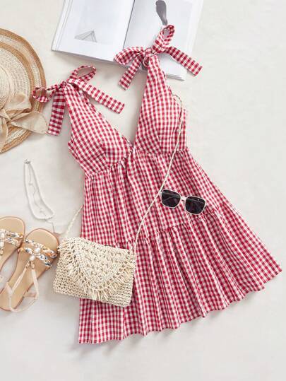 Comfortcana Summer Plaid Print Tie Shoulder Mini Babydoll Dress,Perfect For Holiday Wear