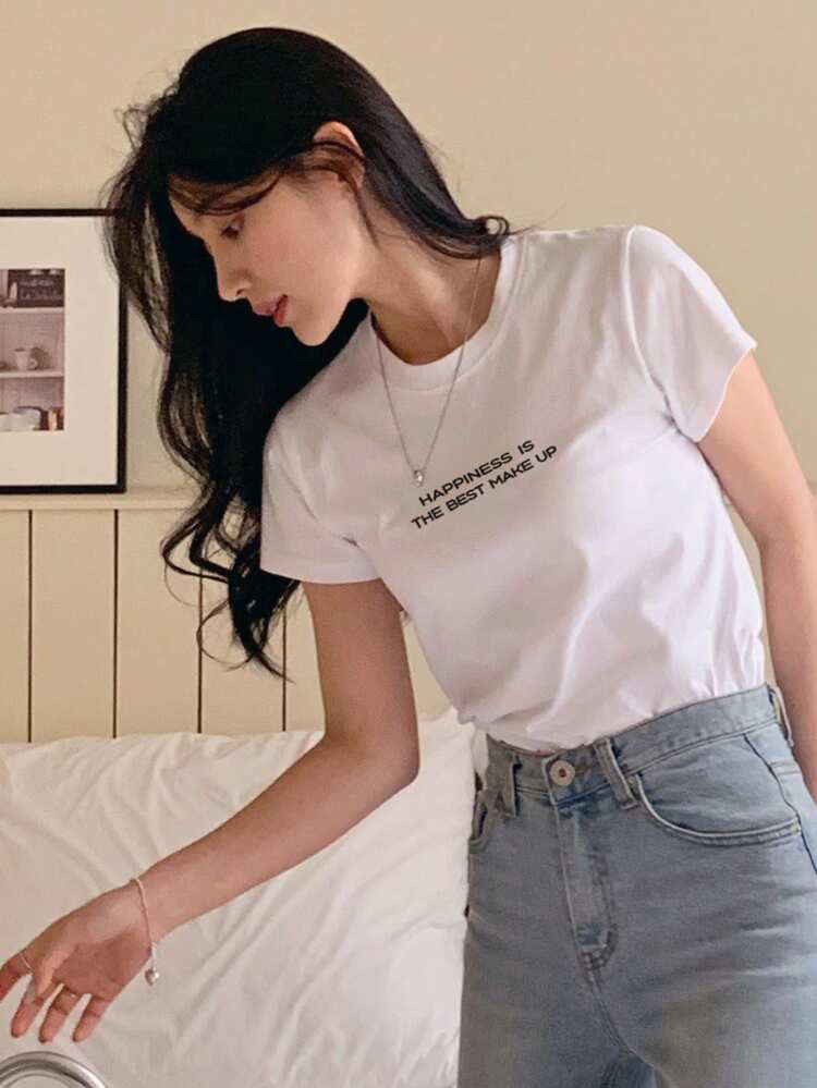 Women's Round Neck Printed T-Shirt With Slogan HAPPINESS IS THE BEST MAKE UP Summer