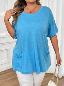 SHEIN CURVE+ Áo thun cổ tròn in hoa nhiều màu tay cánh dơi có túi cỡ lớn - Xanh đậm - Xem 4