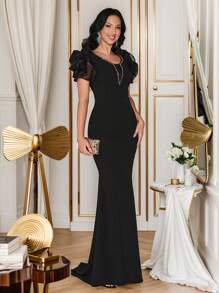 SHEIN Belle 3D Floral High Slit V-Neck Short Sleeve Rhinestone Embellished Solid Color Cocktail Dress, Wedding Guest Dress Music Festival Spring/Summer, Party Dress, Formal Dress, Evening Dress,Gown - Black - View 5
