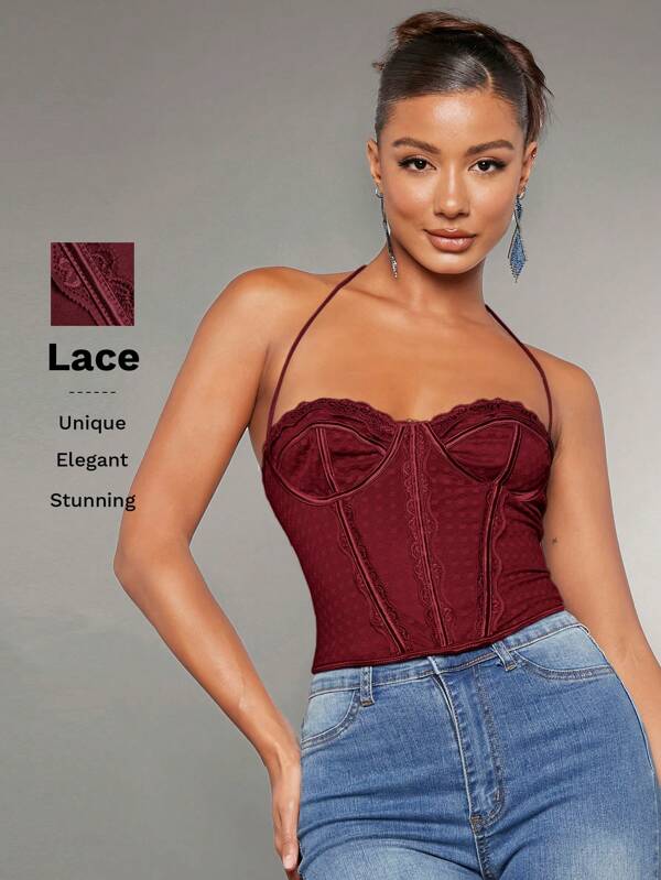 SHEIN BAE Lace Trim Bustier Halter Top