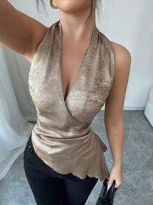Elenzga Damen elegante Bluse mit goldfarbenem Foliendruck, tiefer V-Ausschnitt und asymmetrischem Saum, körperbetont, geeignet für Pendeln, Musikfestivals, Urlaub - Gold - Übersicht 1