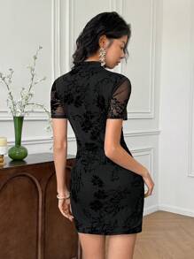 EastFlair 女式旗袍领花卉印花开衩下摆迷你连衣裙