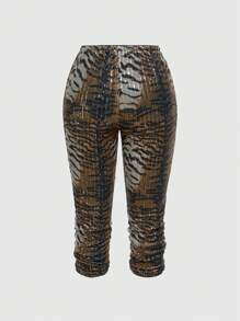 ROMWE J-Fashion 复古低腰豹纹亮片系带女式七分裤 - 卡其色 - 查看 2