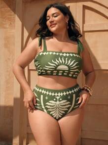 Swim Oasis Plus Size Women 3 Pieces Set: Tie Shoulder Top & Bottom Bikini Set & Cover Up Skirt, Hawaii Outfit Suitable For Beach Vacation, Summer