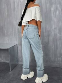 EURMUSE Gerade, lässige blaue Jeans mit tiefer Taille, minimalistisch und modisch - Mittele Waschung - Übersicht 3