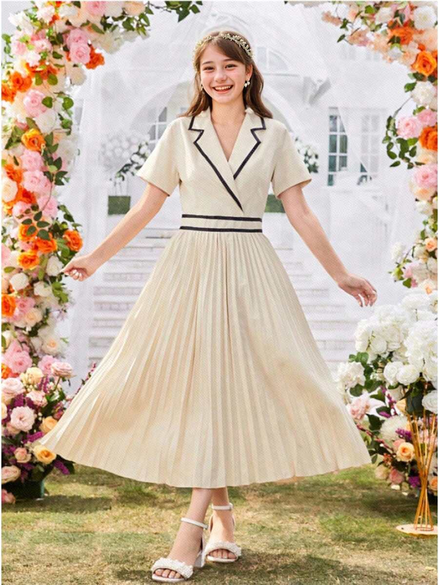 卡其色優雅翻領百褶喇叭中長裙,通勤風,適合青少年女孩 - 杏色 - 查看 1