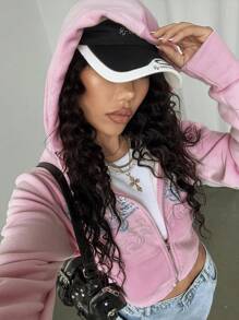 StreetHx Women's Gothic Print With Rhinestones Y2K Style Thermal Lined Hoodie For Autumn/Winter - Pink - View 4